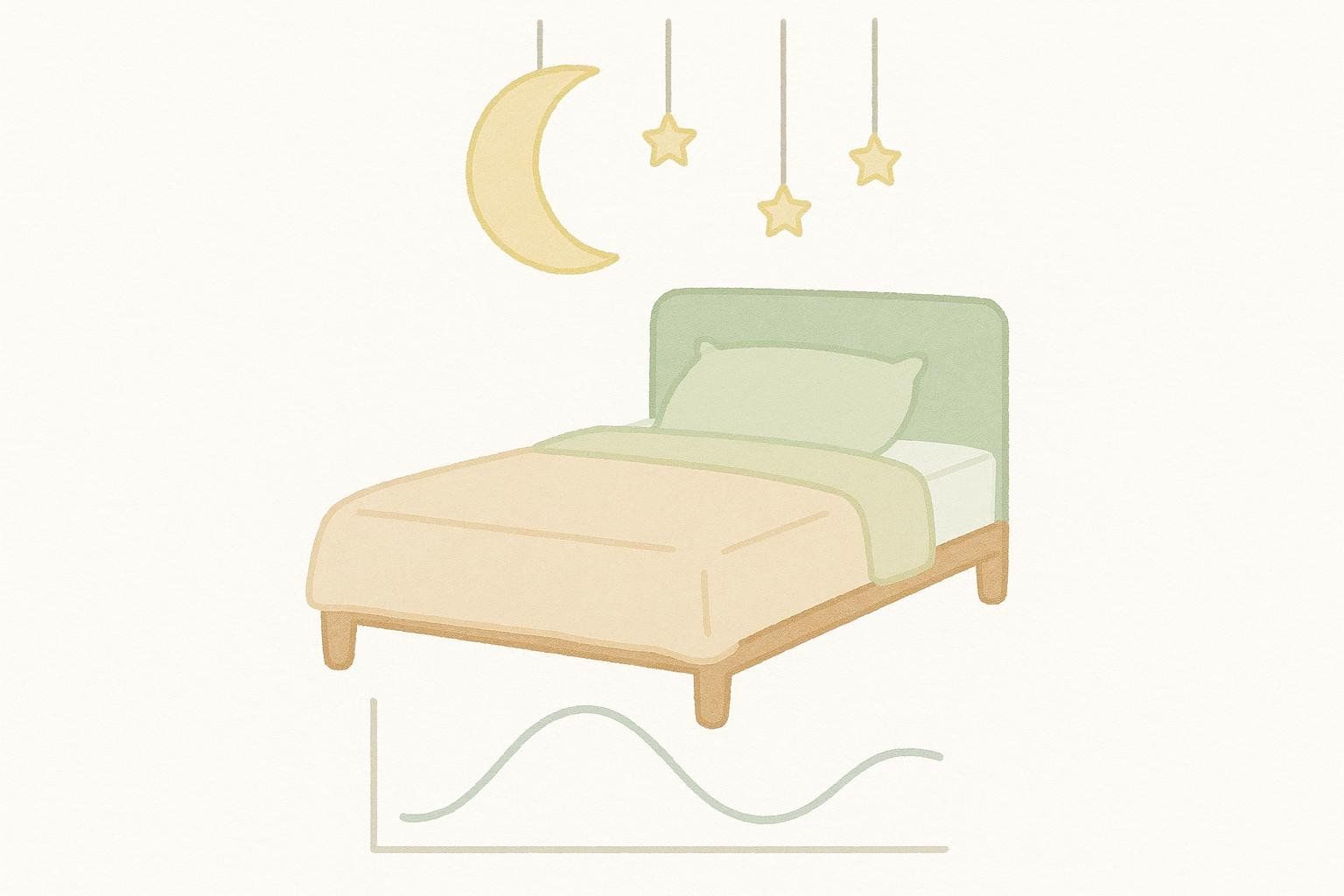 An illustration of a bed with a green headboard and light-colored bedding, positioned under a crescent moon and hanging stars. Below the bed is a wavy line graph, symbolizing sleep cycles or health metrics. The overall image suggests the importance of sleep for well-being.