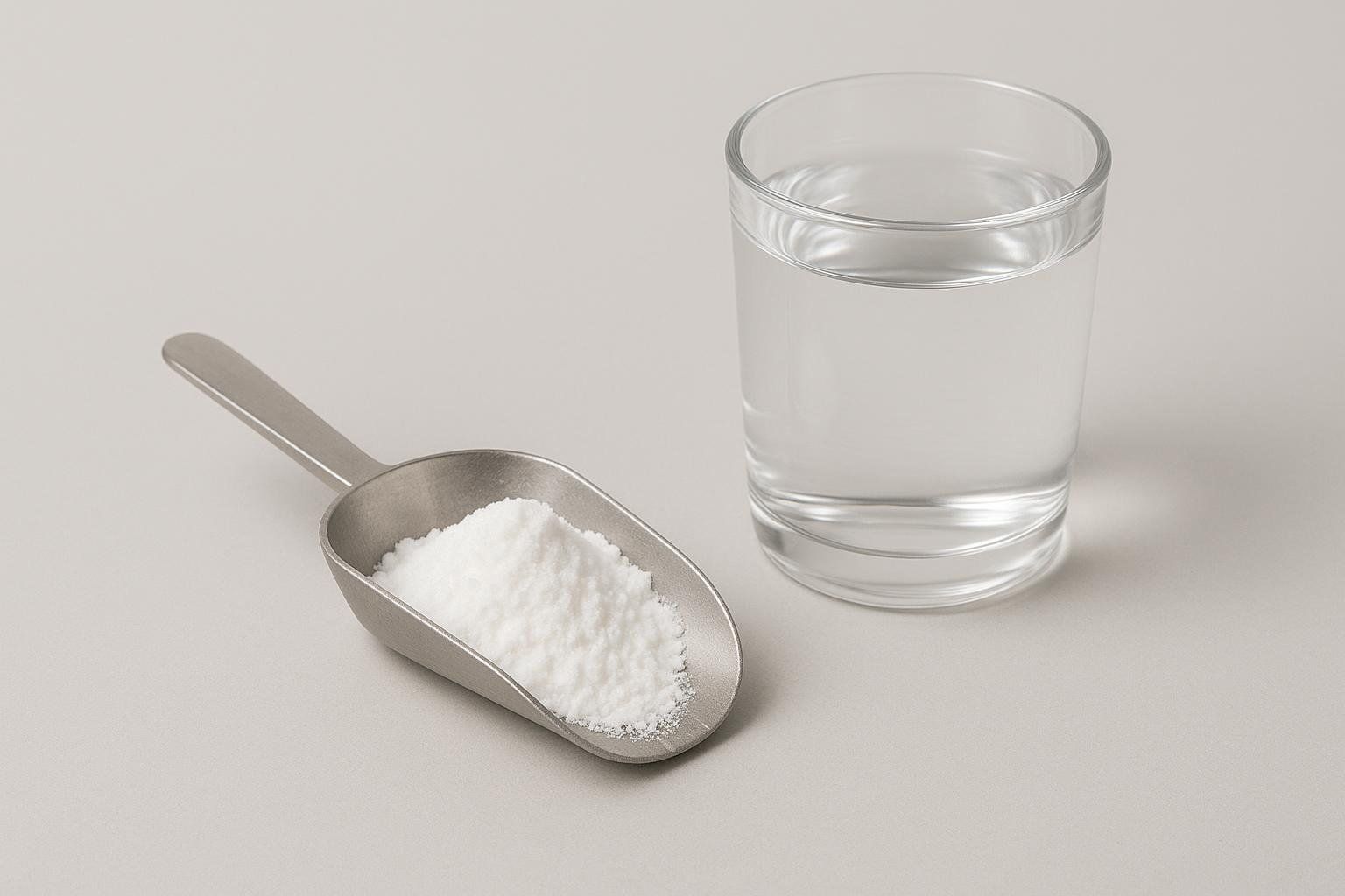 A metal scoop filled with white creatine powder rests beside a clear glass of water on a light grey background.