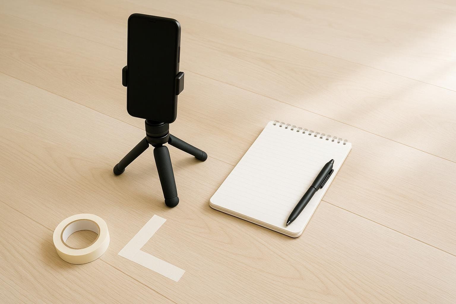 A black smartphone on a small tripod, a spiral-bound notebook with a black pen, and a roll of white tape with a piece of tape arranged in an L shape on a wooden floor, in an amateur setup for taking consistent progress photos.