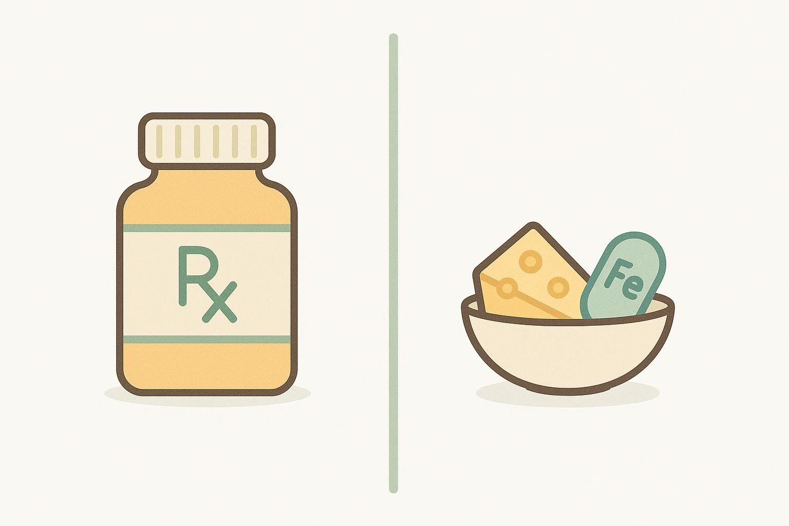 Illustration showing a thyroid medication bottle, marked with 'Rx', separated by a vertical line from a bowl containing cheese and a pill marked 'Fe', representing calcium and iron sources.