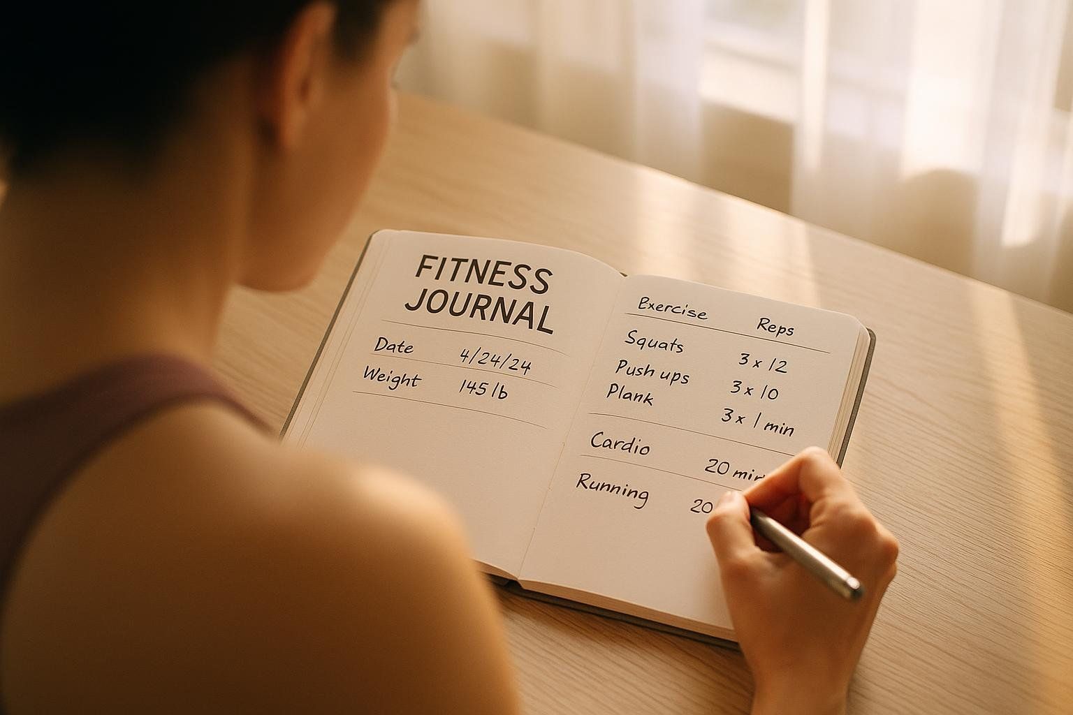 A person tracking their workout progress by writing in a fitness journal.