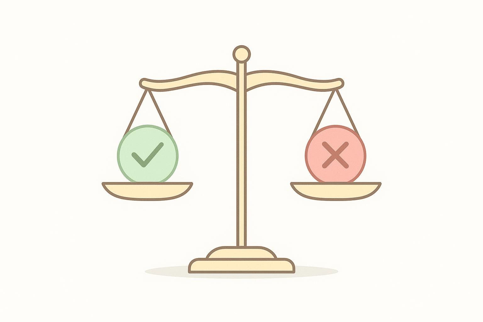 An icon of a perfectly balanced scale, with a green circle containing a white checkmark on the left and a red circle containing a white 'x' on the right, symbolizing the equality of pros and cons.