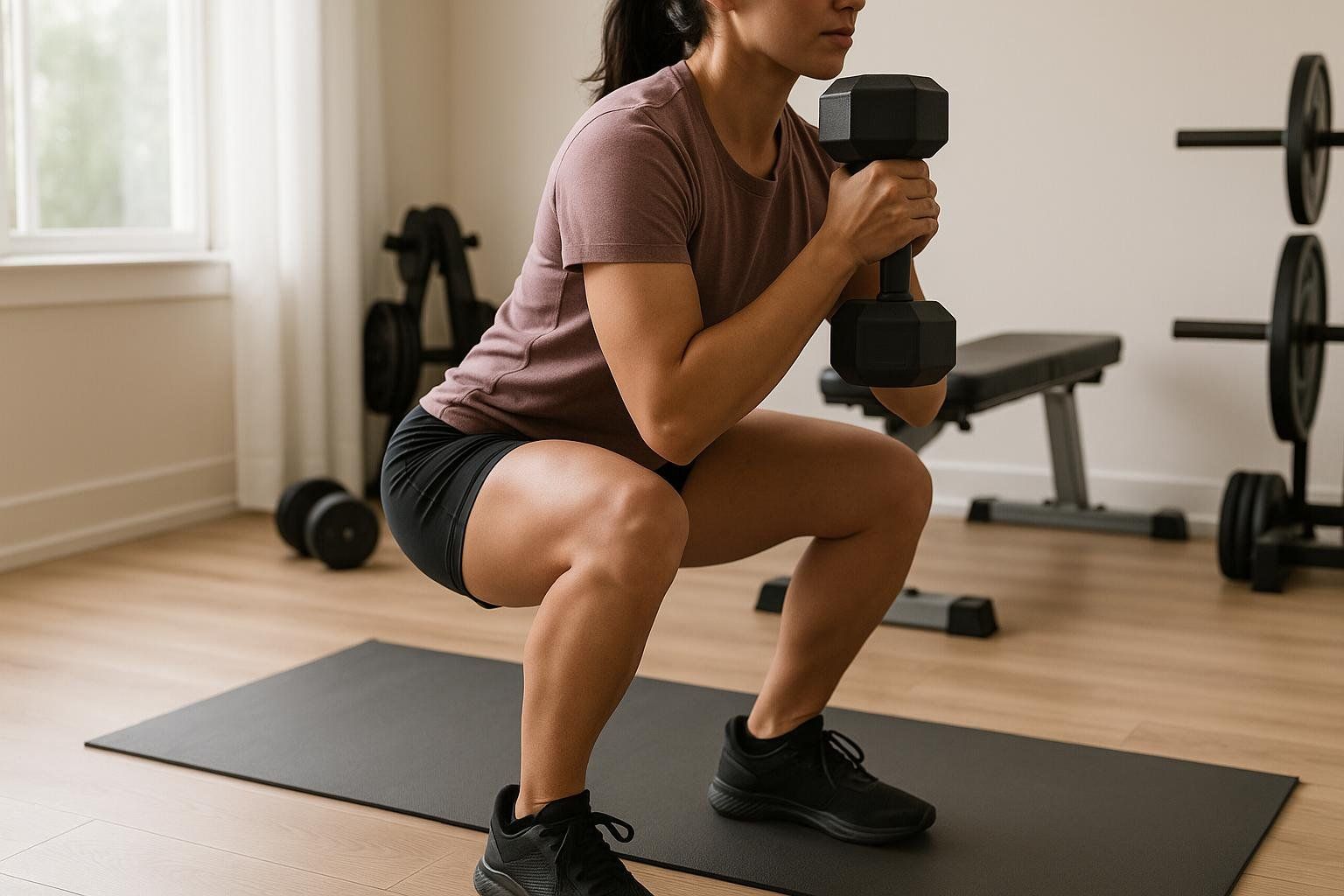 Person demonstrating good form while performing a goblet squat with a dumbbell.