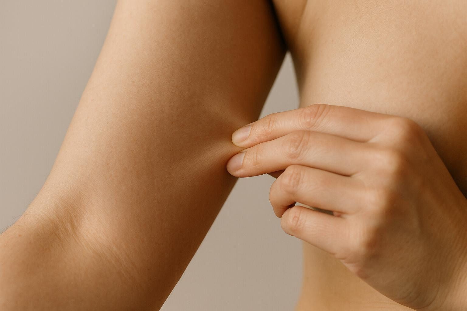 Close-up of fingers pinching a skinfold on an arm, demonstrating a method to measure body fat.