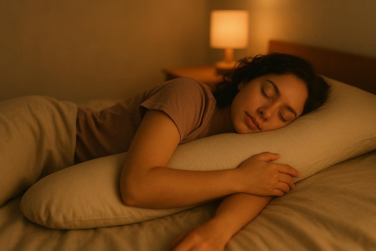 A young woman is sleeping soundly on her side, hugging a long body pillow for comfort and support. Her eyes are closed, and her face looks peaceful. A warm lamp light illuminates the room in the background.