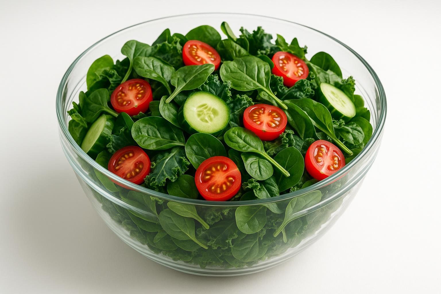 A close-up shot of a clear glass bowl filled with a fresh salad, featuring dark green leafy spinach and kale, topped with bright red halved cherry tomatoes and sliced green cucumbers.