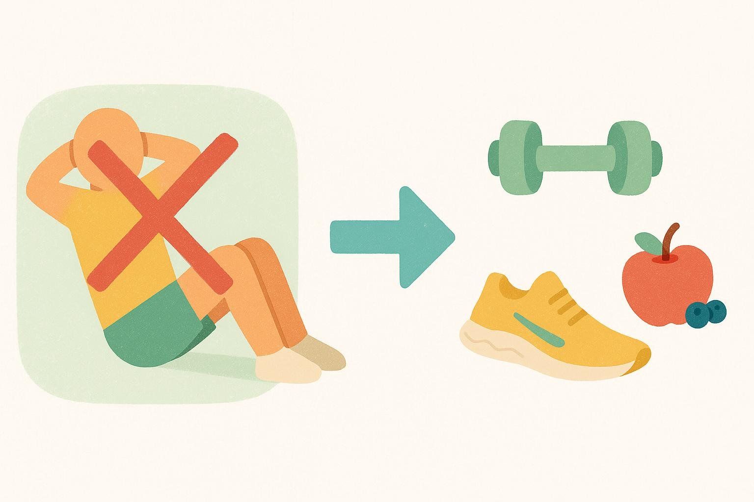 Illustration debunking spot reduction: an 'X' over sit-ups, pointing to holistic fitness icons like a dumbbell, running shoe, apple, and blueberries.