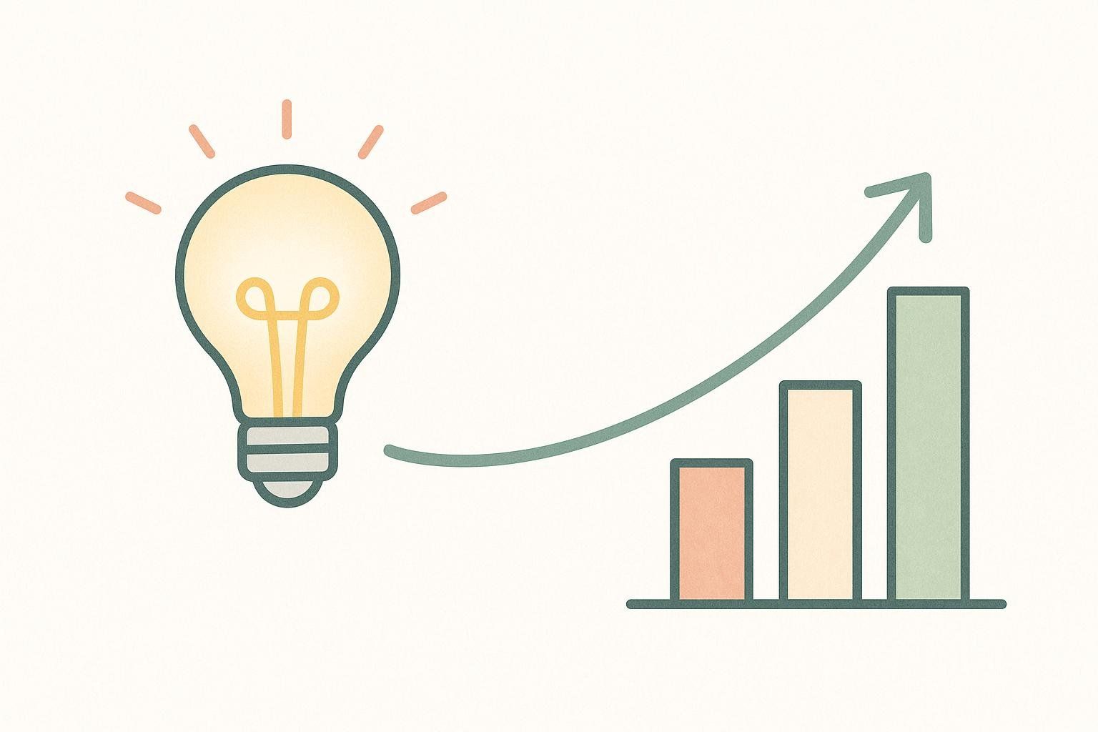 Illustration of a lightbulb connected by an arrow to a rising bar chart, symbolizing knowledge leading to measurable positive results or growth.