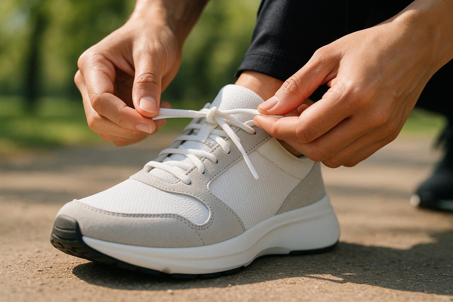 Close-up photo of a person's hands tying the shoelaces on a white walking shoe.