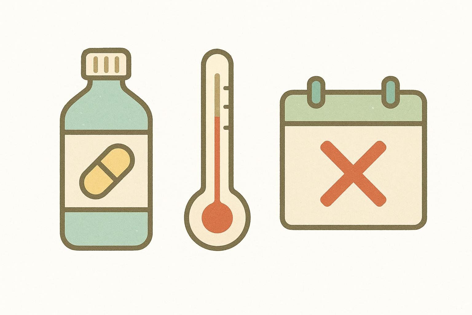 Icons for water, a thermometer, and a calendar representing sick day rules for taking SGLT2 inhibitors.