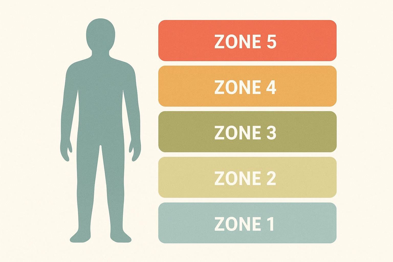 A diagram illustrating the five heart rate zones for exercise, from low intensity to maximal effort.