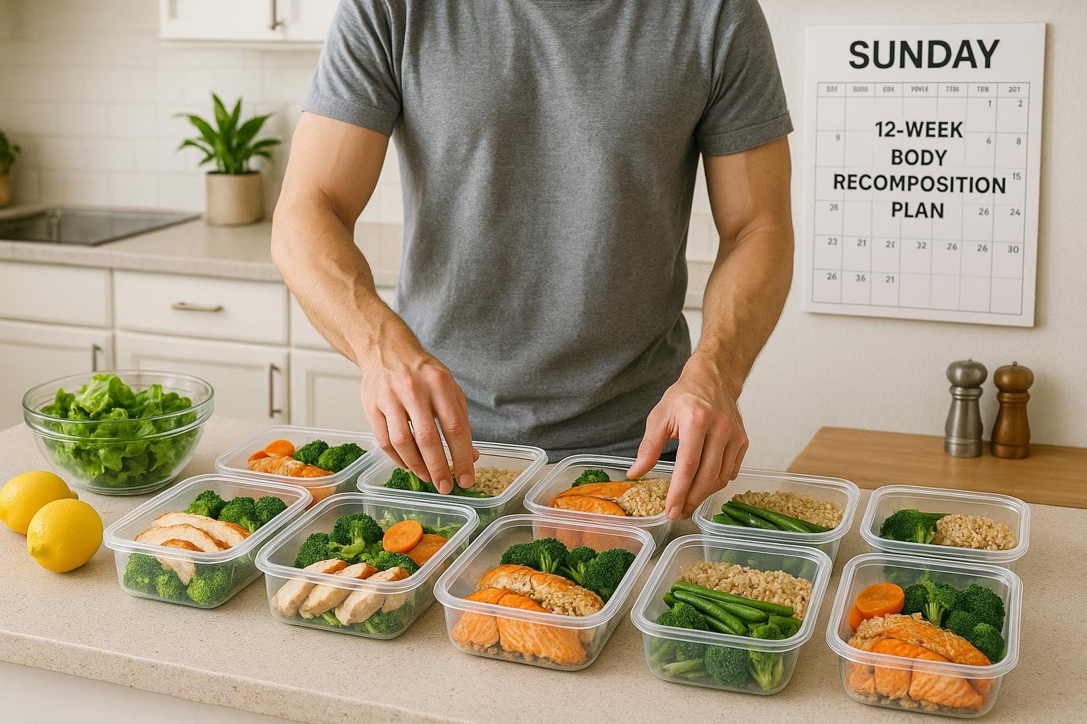 A person in a gray t-shirt stands at a kitchen counter, actively preparing multiple clear plastic containers filled with healthy meal prep. The containers hold cooked chicken or salmon, green vegetables, and brown rice, indicating meals for several days. A calendar on the wall behind them is titled 'SUNDAY' and references a '12-WEEK BODY RECOMPOSITION PLAN'.