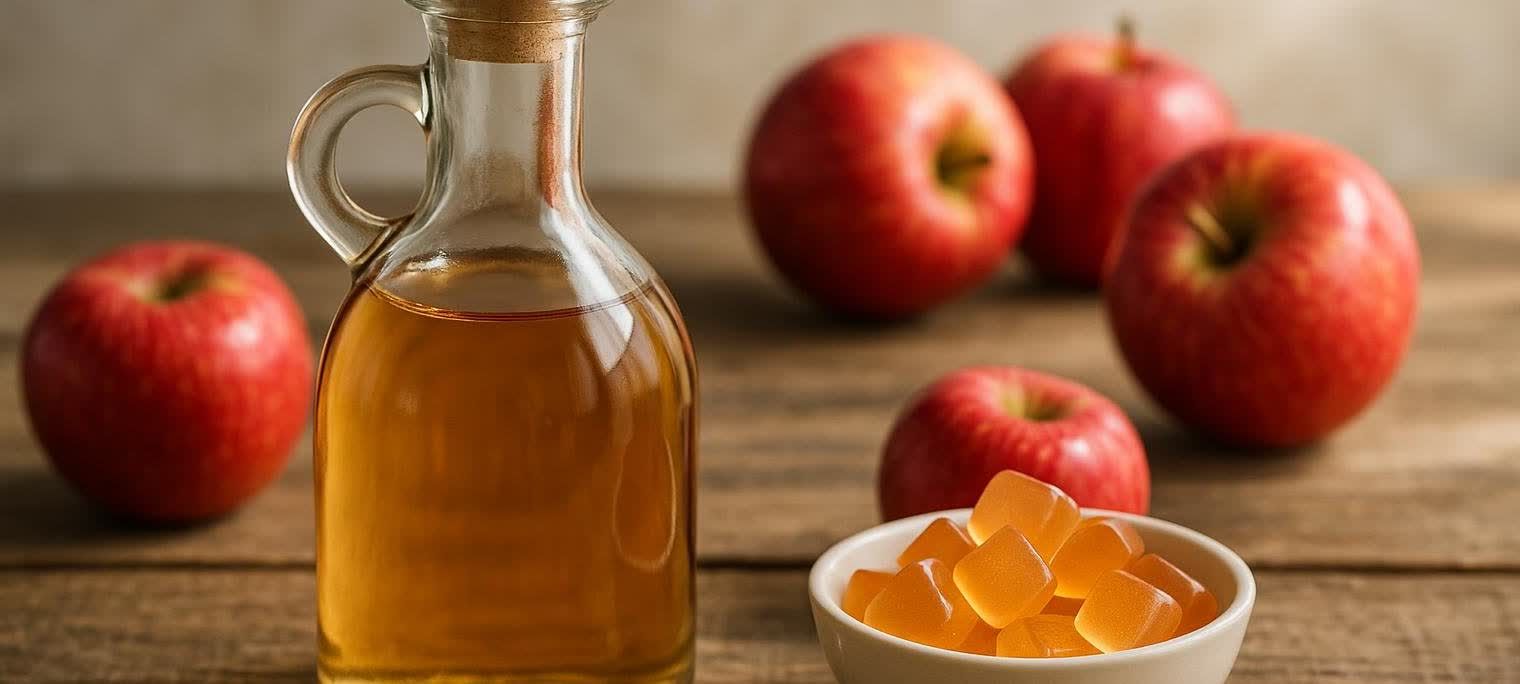 A bottle of apple cider vinegar surrounded by fresh apples and a bowl of keto ACV gummies on a wooden surface.