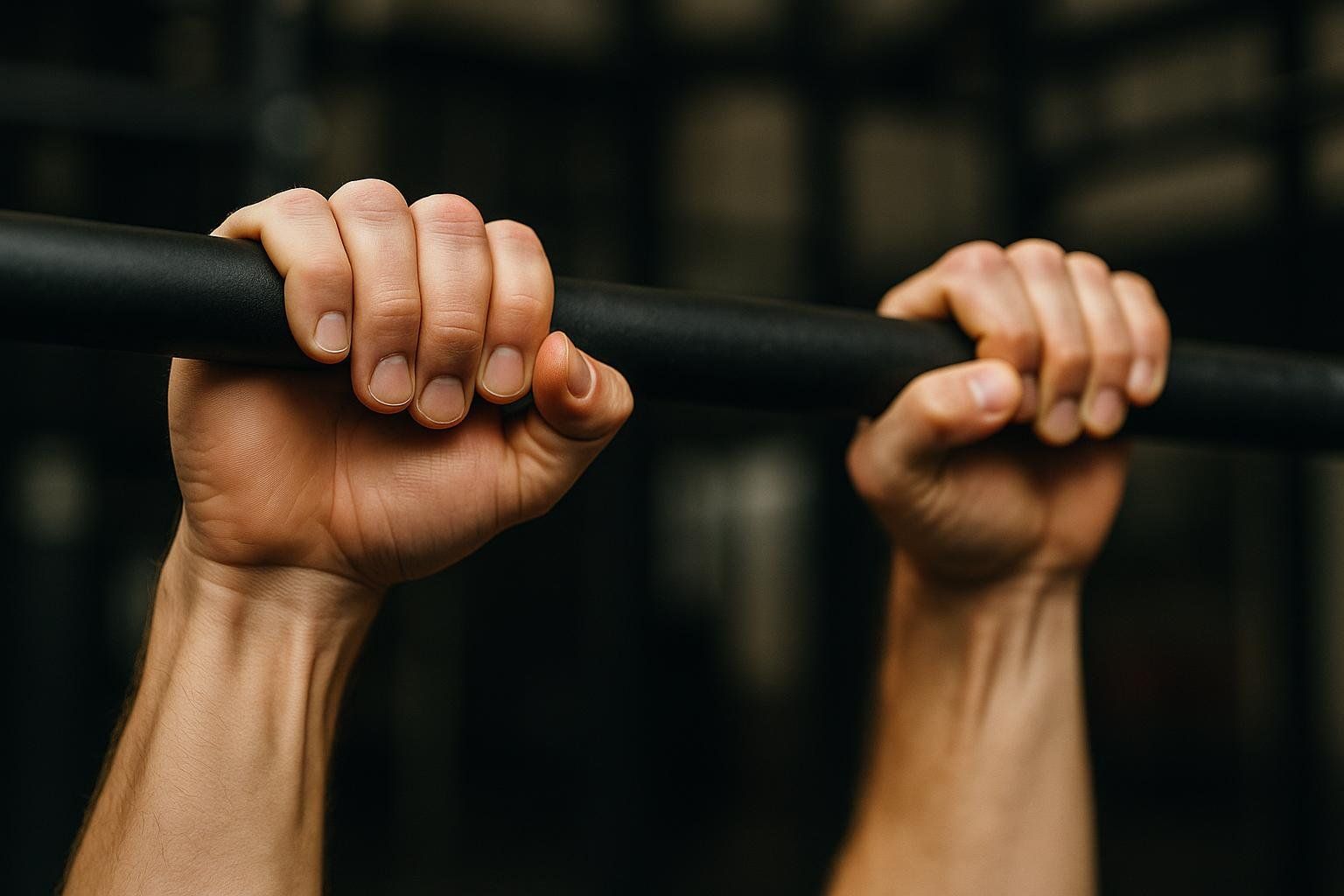 A close-up view of two hands with an overhand grip on a black pull-up bar, demonstrating a secure hold for exercises like hanging leg raises. The background is dark and blurred, focusing attention on the hands and bar.
