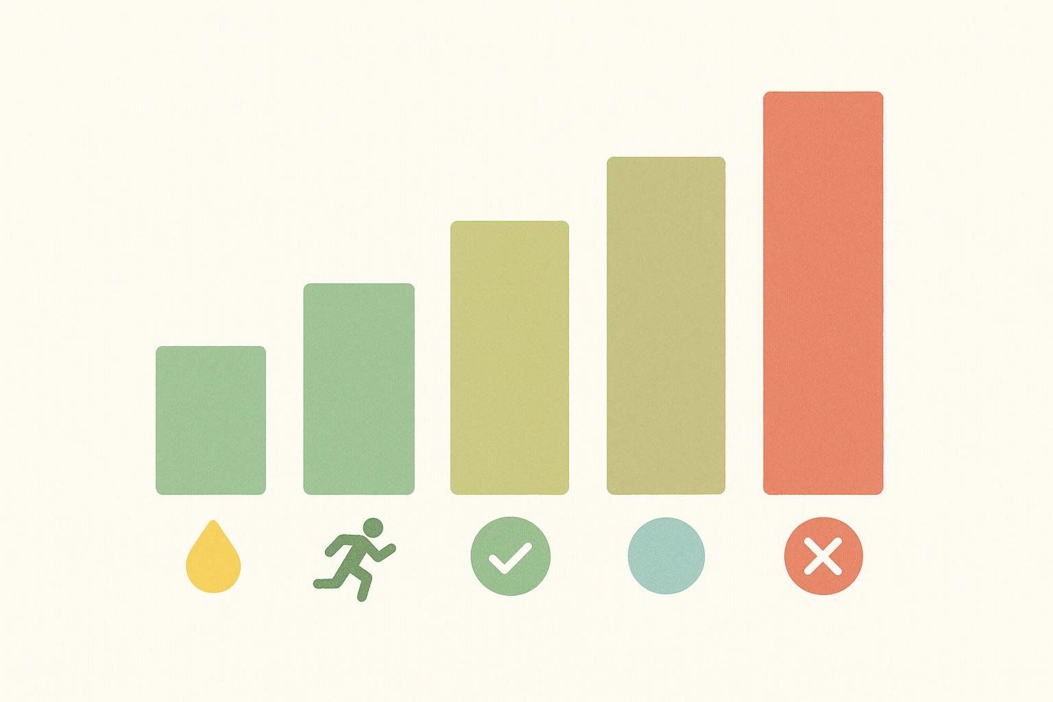 Abstract bar chart with increasing bar heights and corresponding symbols (yellow drop, runner, green check, blue circle, red X).