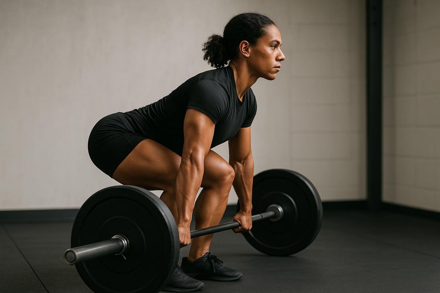 A female athlete in black athletic wear squats with good deadlift form, gripping a barbell with black weight plates on a black gym floor, looking forward with focus.