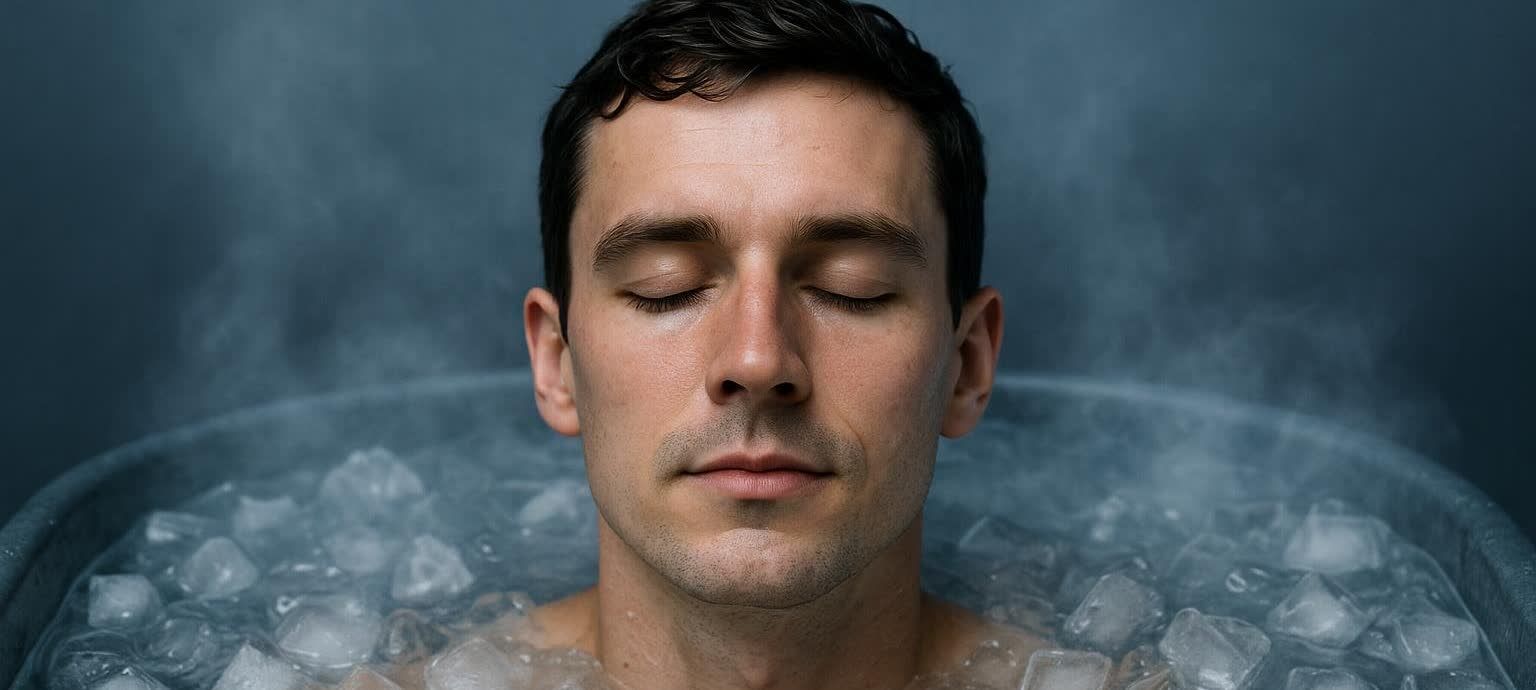 A man is shown from the chest up, submerged in an ice bath with his eyes closed, looking calm.