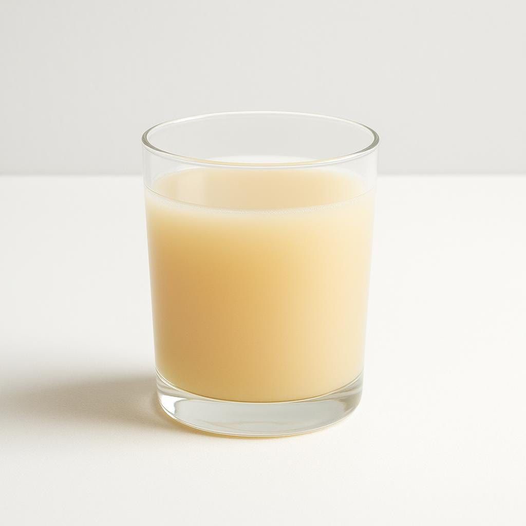 A clear glass filled with a light yellowish-beige liquid, likely a prepared colostrum supplement drink, placed on a clean white surface with a white background.