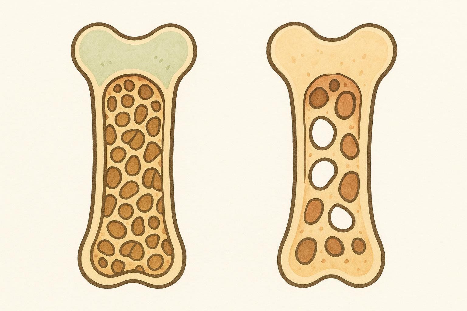 An illustration showing two bone cross-sections. The bone on the left is dense and healthy, with tightly packed porous structures. The bone on the right, labeled as osteoporotic, has significantly larger and fewer internal structures, indicating a more porous and weaker bone.