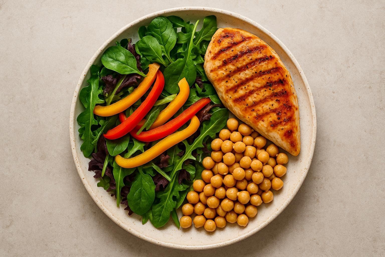An overhead view of a healthy plate of food featuring a large grilled chicken breast, a bed of green leafy vegetables with red and yellow bell pepper strips, and a serving of chickpeas.