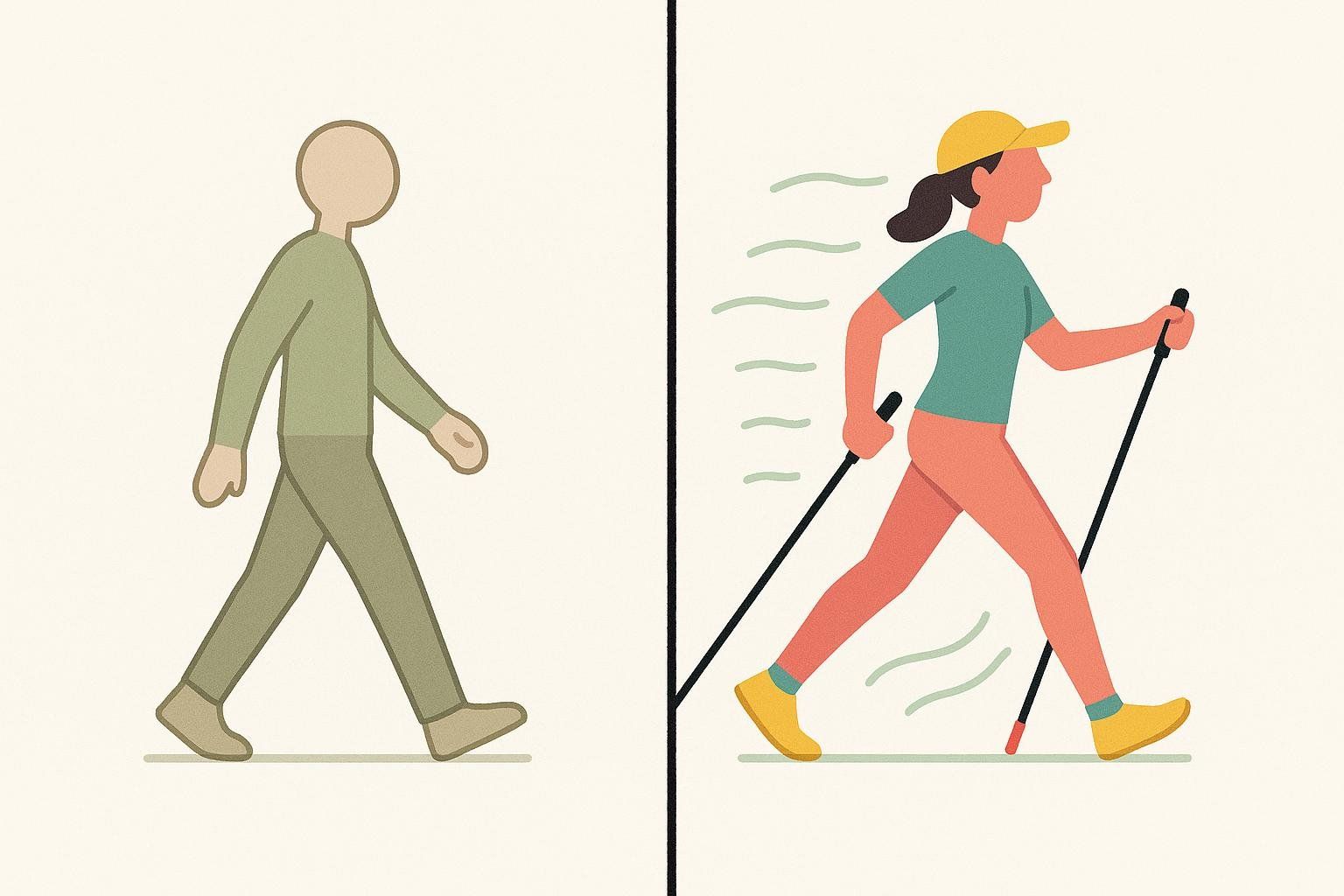 Illustration comparing a regular walker to a Nordic walker, with the Nordic walker appearing more energetic to signify increased calorie burn.