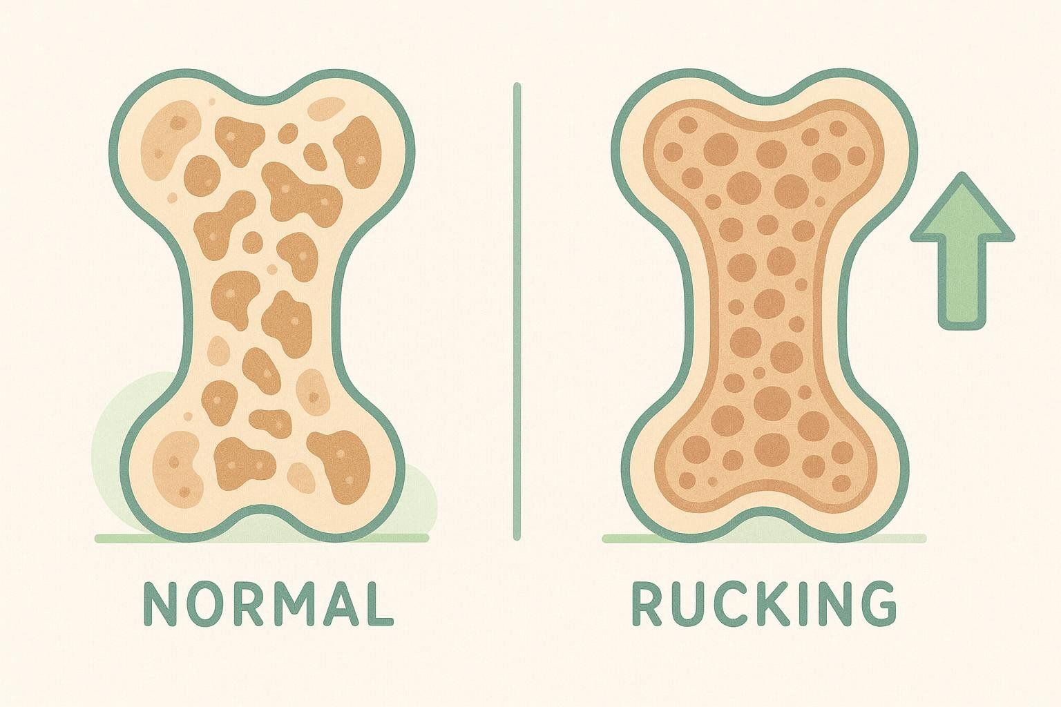 Illustration comparing normal bone density with increased bone density achieved through rucking, showing a visual representation of stronger bone structure.