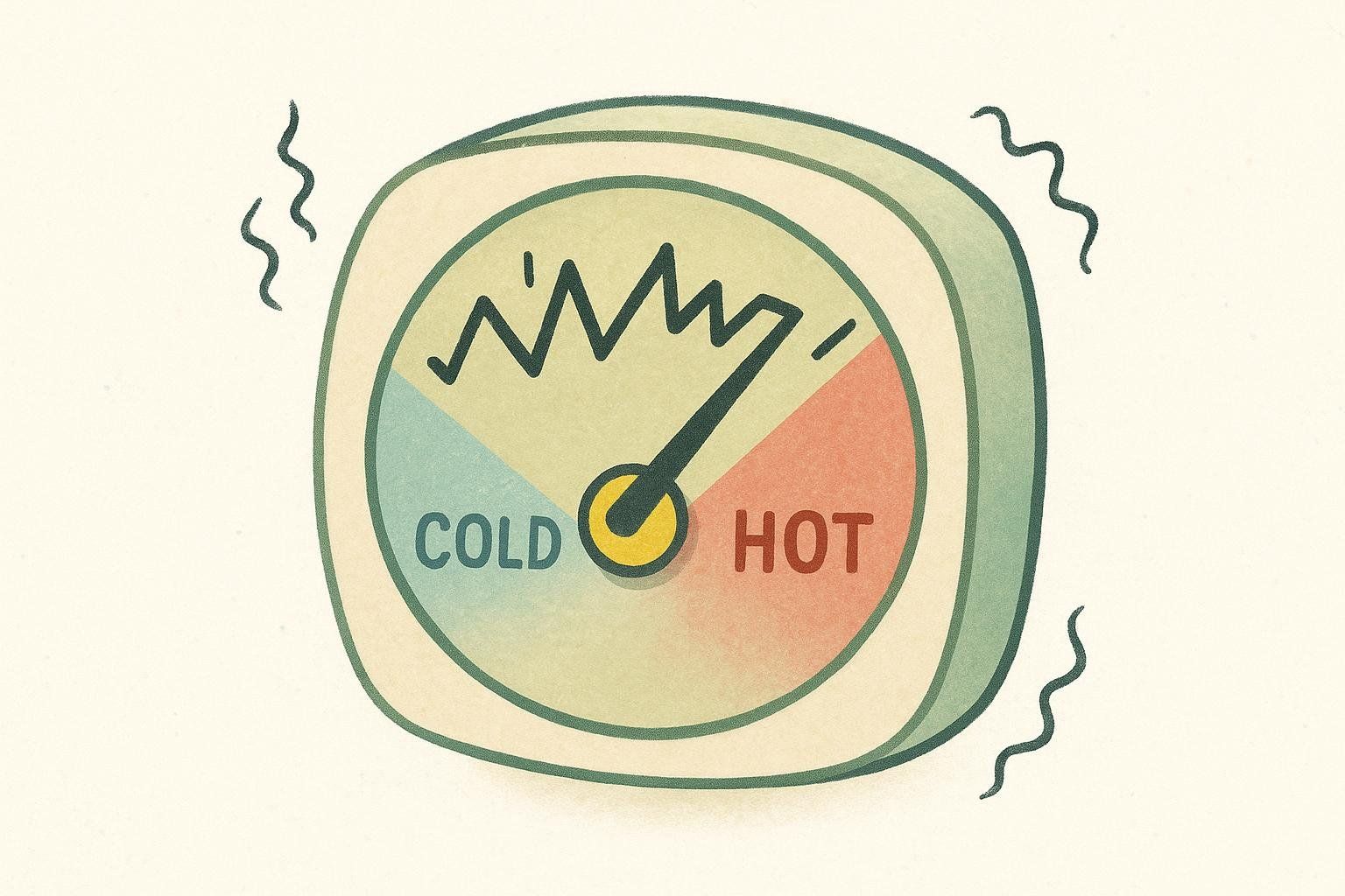 An abstract illustration of a thermostat with the needle erratically fluctuating between 'cold' and 'hot,' representing the sudden changes in body temperature experienced during hot flashes and night sweats.