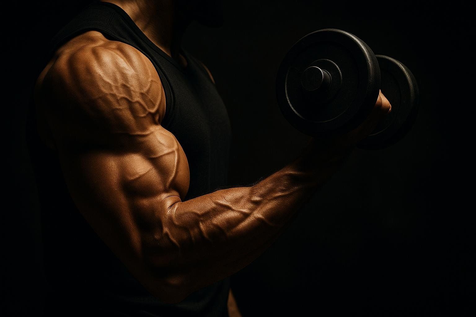 Close-up of a highly defined muscular arm lifting a dumbbell. The veins are visible on the arm.