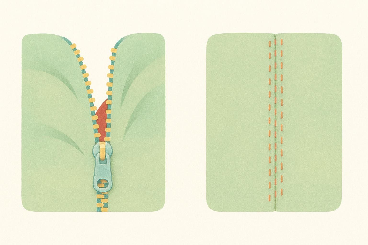 An abstract illustration depicting a zipper on the left and a stitched seam on the right, used to metaphorically compare muscle-sparing anterior approach to muscle-repair posterior approach.