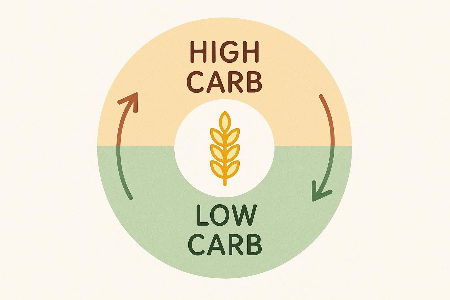 An illustration of a cycle diagram with "High Carb" written in the upper peach-colored half and "Low Carb" written in the lower green half. Arrows show the transition from high carb to low carb, and back again, representing carb cycling. A yellow wheat stalk icon is in the center.