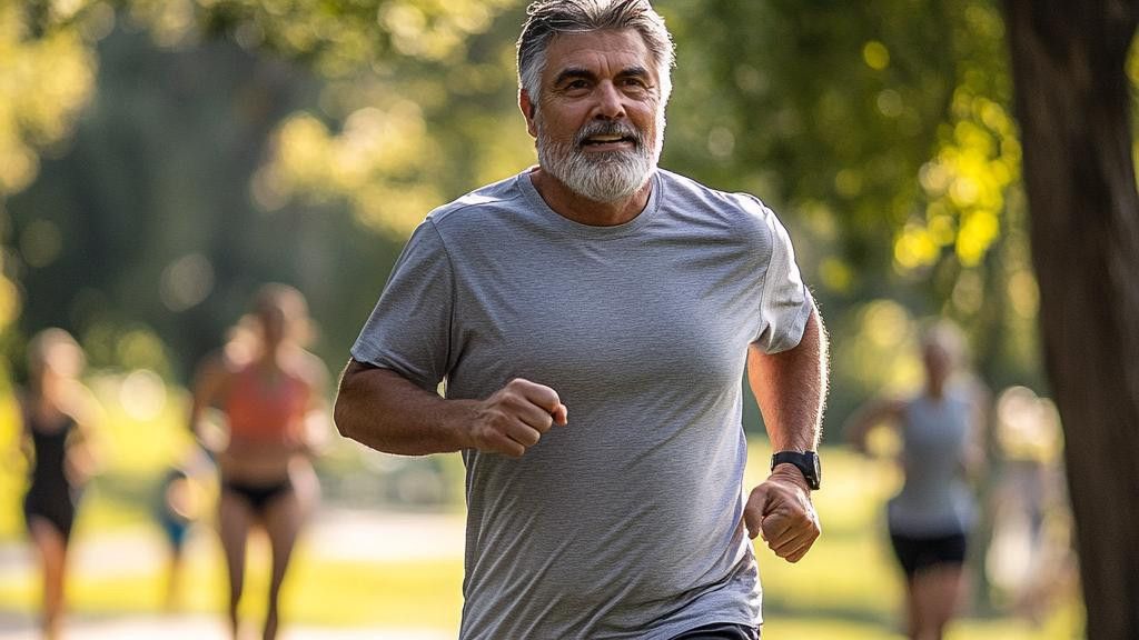 A smiling man with a beard runs in a park during the day. Other runners are visible in the background.