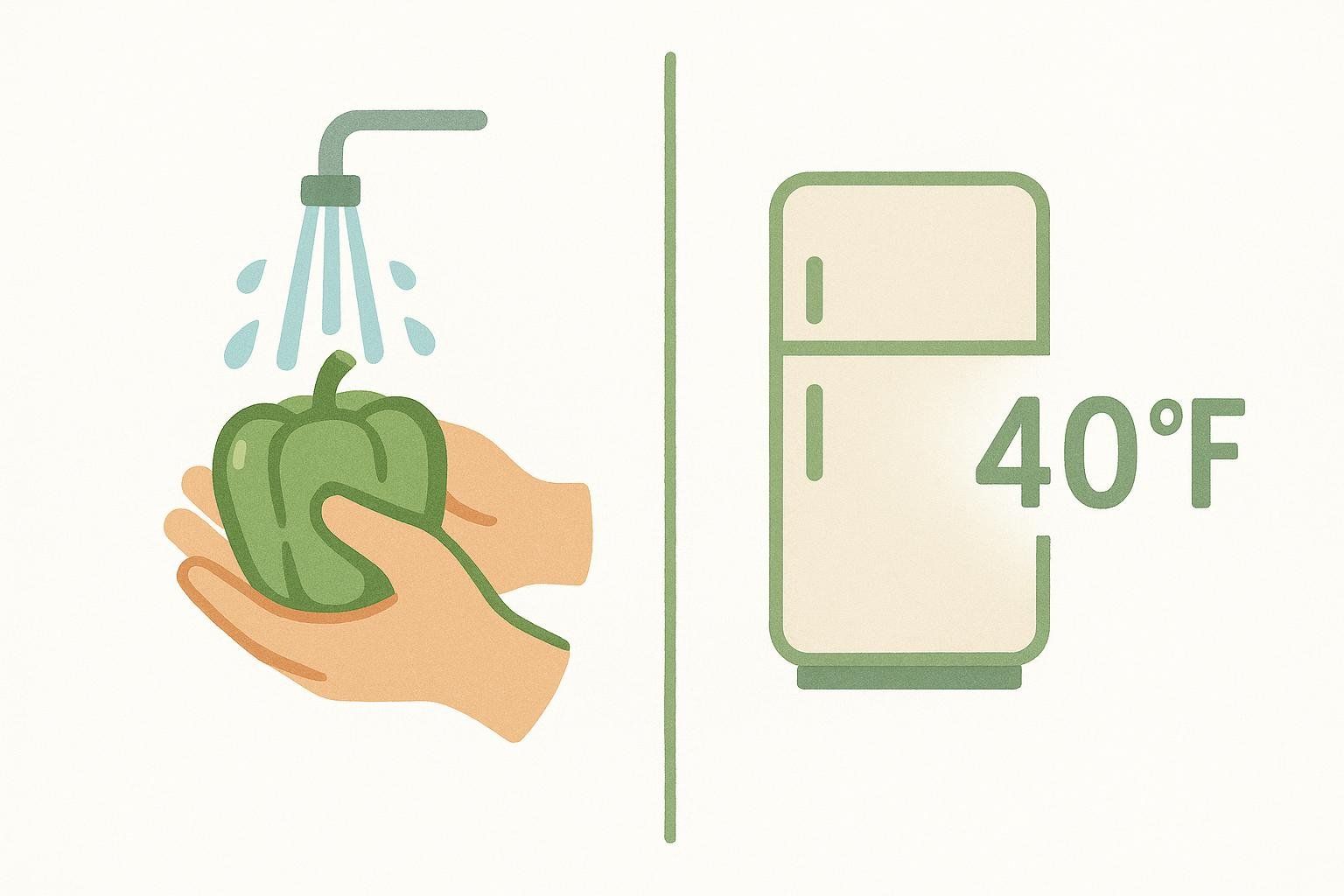 An illustration showing food safety tips: washing produce and keeping the refrigerator at the correct temperature.