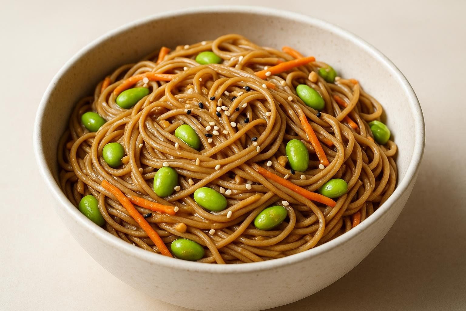 A colorful bowl of Peanut Edamame Soba Noodles, a high-protein vegan meal with 37g of protein.
