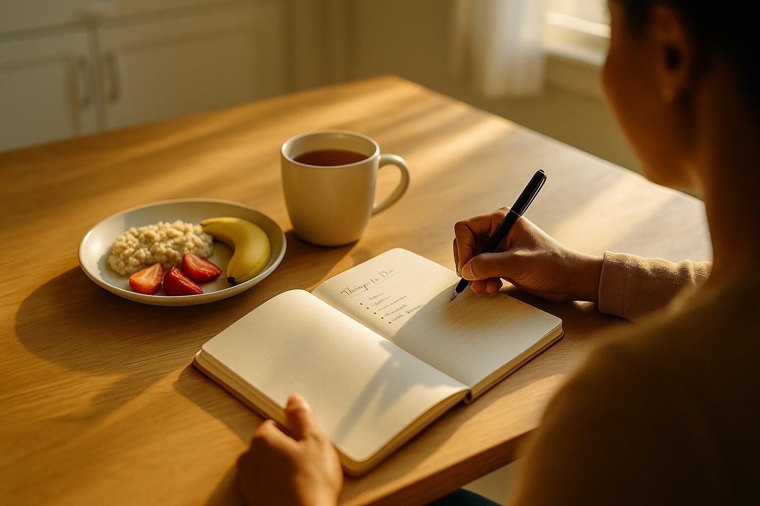 A person writing in an open journal at a wooden table, next to a bowl of oatmeal, sliced strawberries, a banana, and a mug of tea. Sunlight streams across the table.