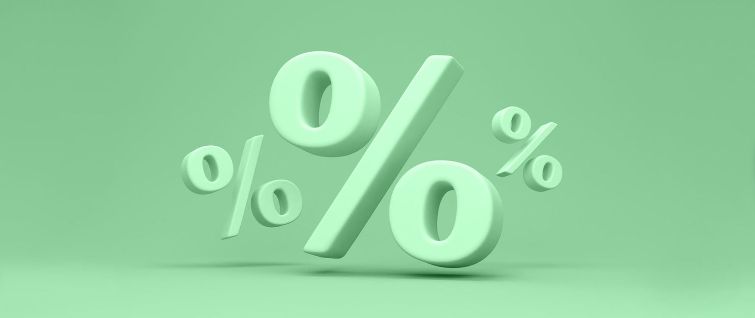 Large, green percentage symbols float on a lighter green background.