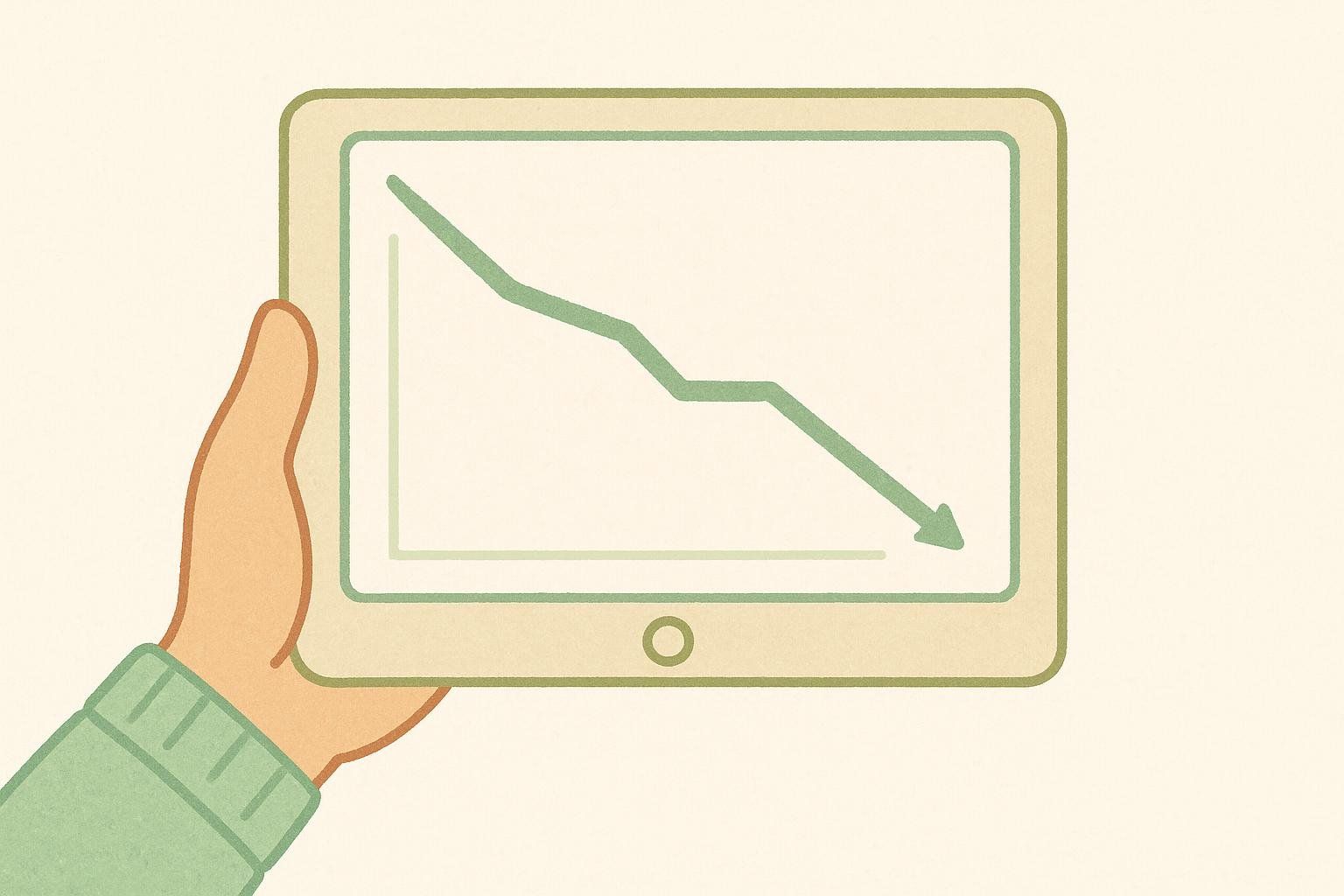 Illustration of a hand holding a tablet displaying a graph showing a downward trend.