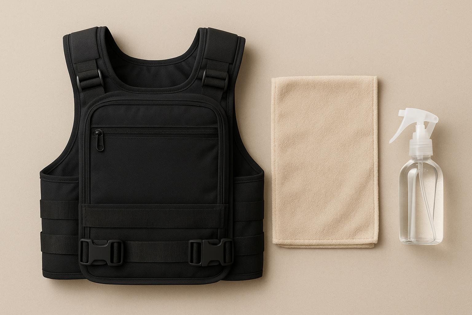 A flat lay arrangement showing a black tactical vest, a folded beige cleaning cloth, and a clear spray bottle filled with liquid, suggesting a cleaning and maintenance kit for the vest.