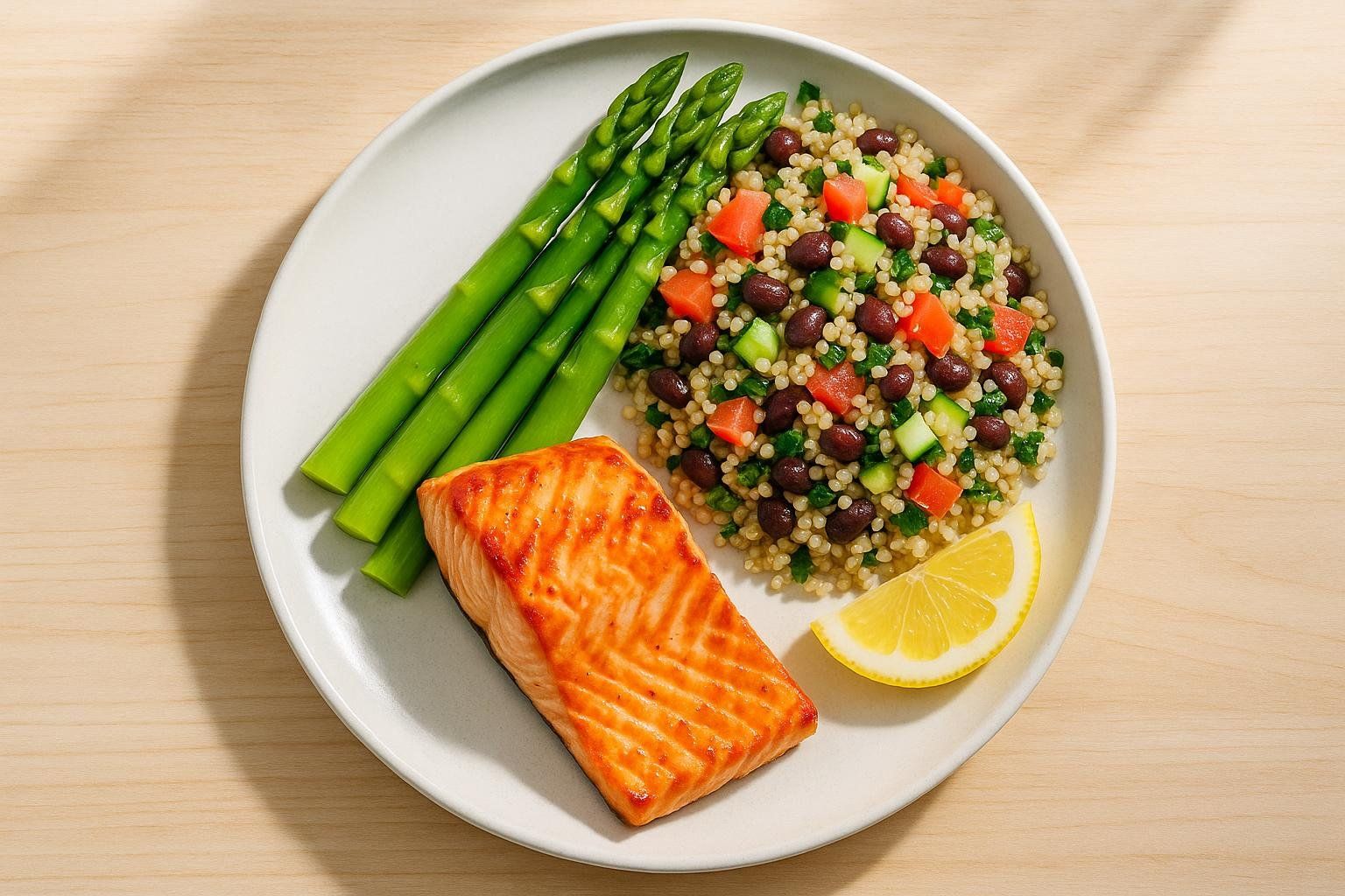 A plate of cooked salmon with fresh asparagus and a side of couscous salad, garnished with a lemon wedge. The salad contains couscous, black beans, diced tomatoes, and cucumbers.