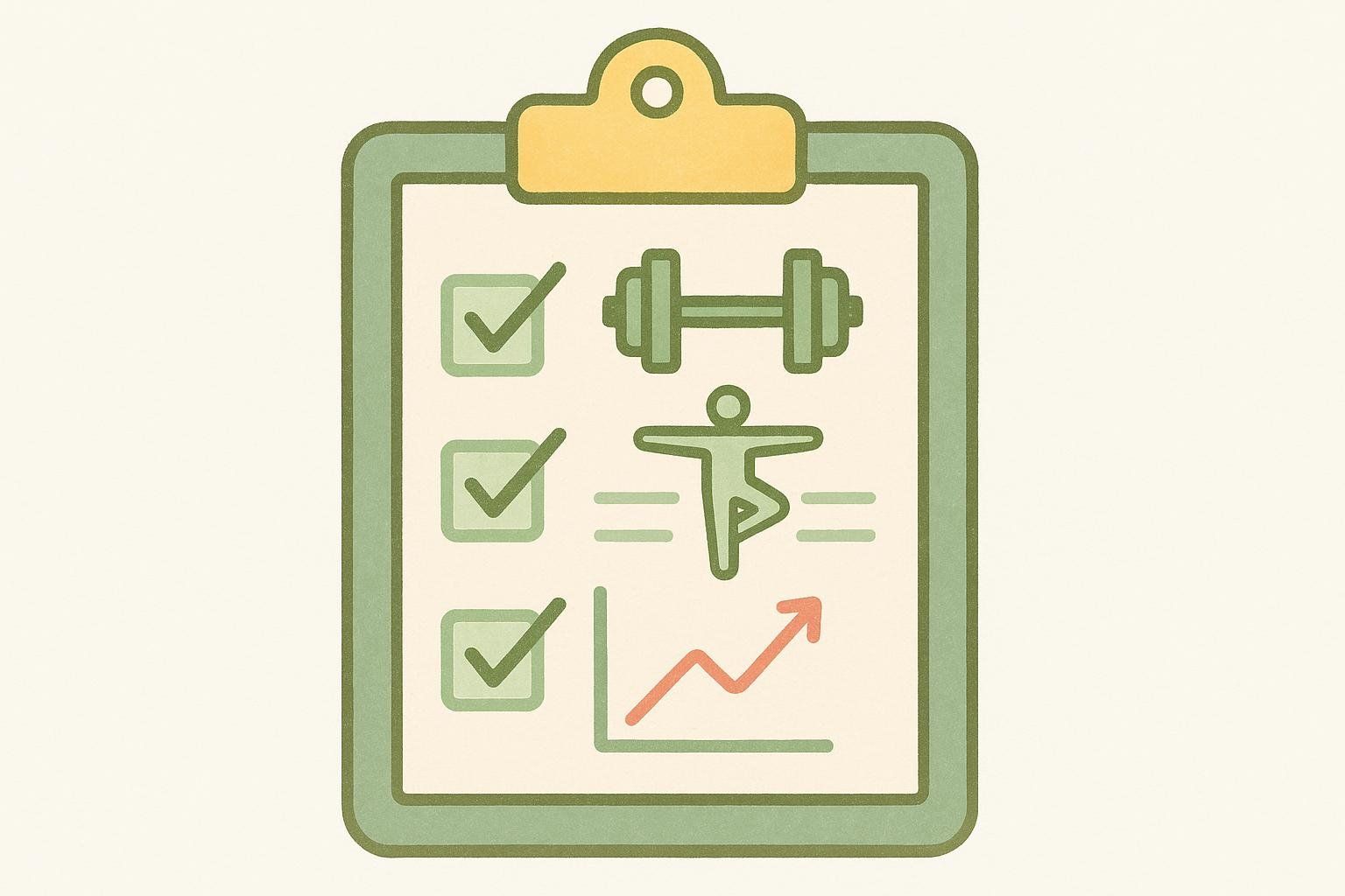 An illustration of a progress log, encouraging readers to track their fall prevention exercises and improvements. It features a clipboard with three checked boxes next to icons representing weightlifting, a balancing pose, and a rising line graph.