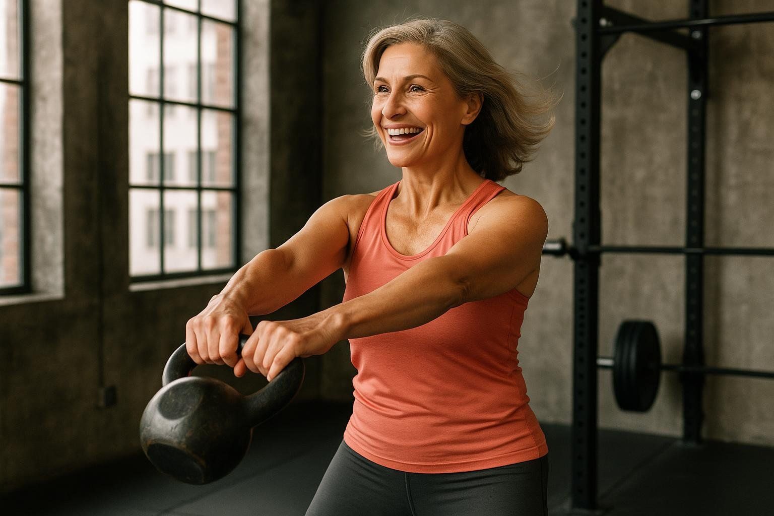 A vibrant woman in her 50s strength training with a kettlebell in a gym, showing the positive effects of exercise for menopause. Her hair is silver, she's wearing a peach tank top and grey leggings, and she has a happy expression as she swings the heavy kettlebell.