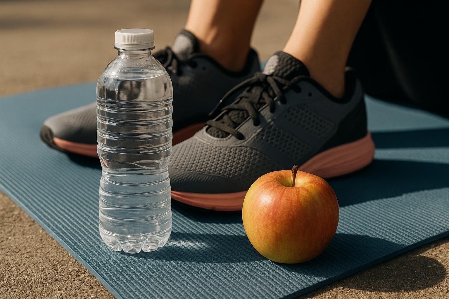 A clear plastic water bottle and a red and yellow apple are placed on a blue yoga mat, with a person's feet in grey and pink running shoes visible in the background.