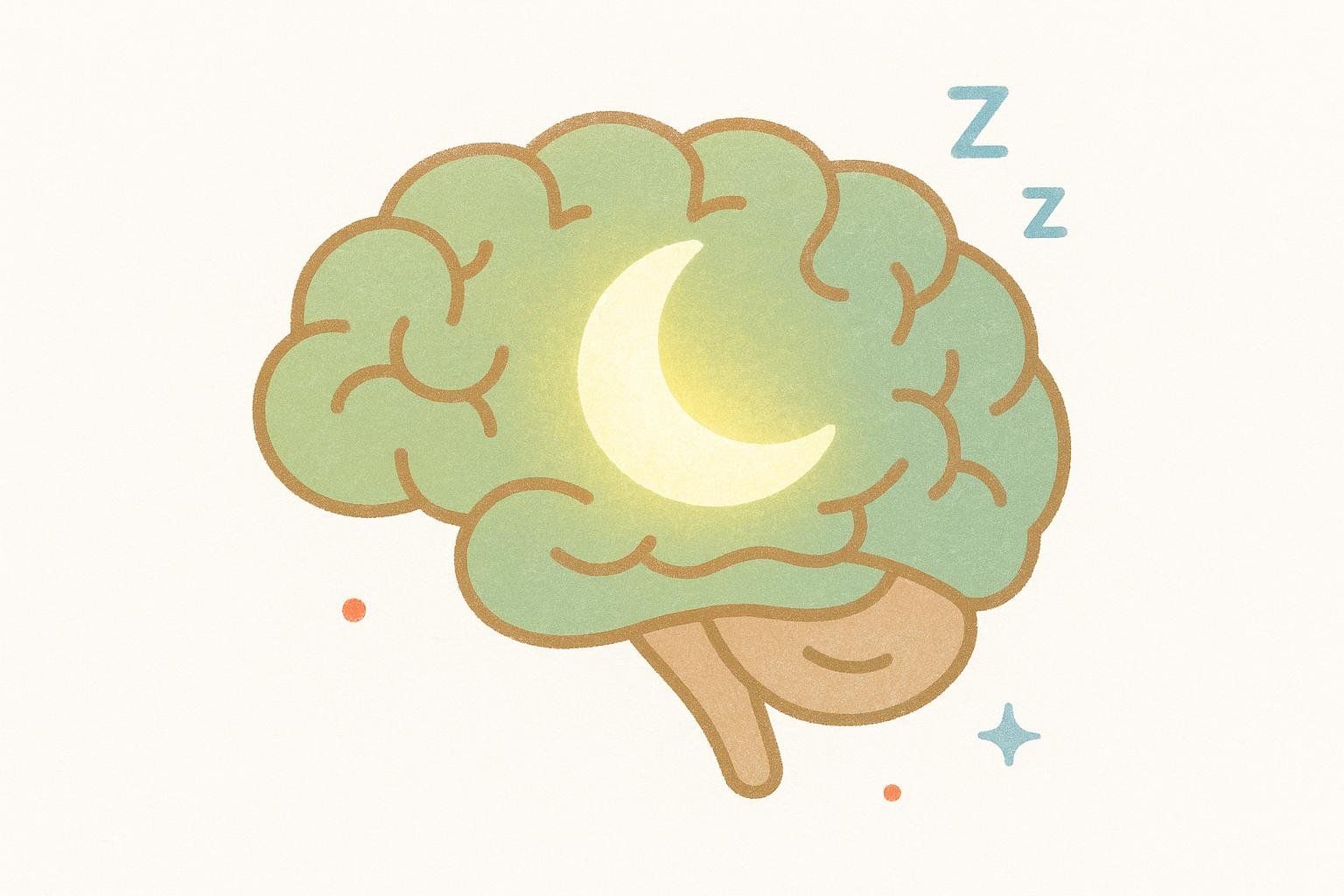 An illustration of a green brain with a glowing crescent moon and two blue 'Z's floating above it. It symbolizes the connection between deep sleep and natural growth hormone release.