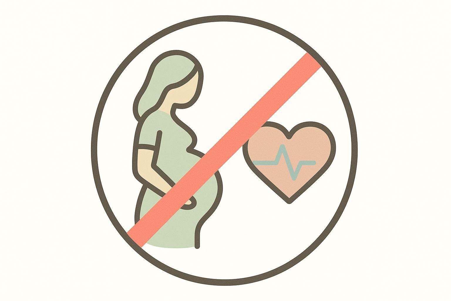 A safety warning icon showing contraindications for vibration plate use, featuring a pregnant woman and a heart with an ECG line, both crossed out with a red slash.