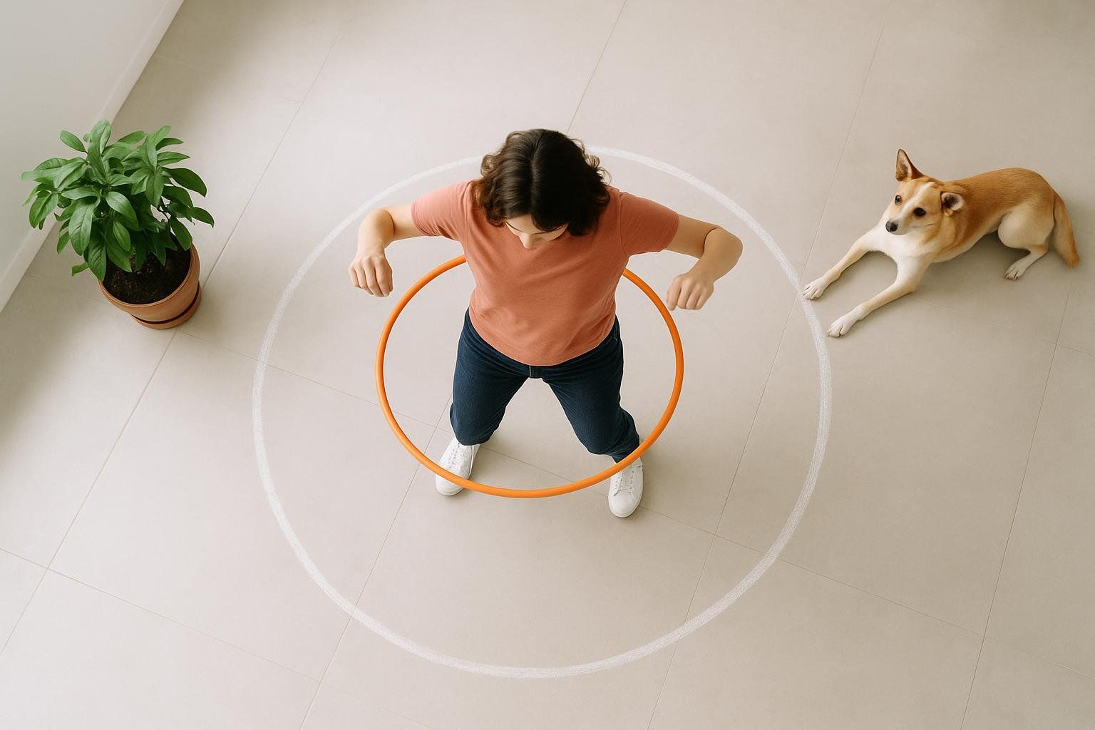 A person hula hooping in a designated safe space, avoiding obstacles like pets and furniture.