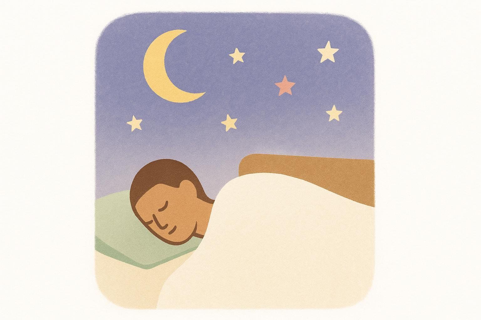 Illustration of a person sleeping peacefully under a moon and stars, representing quality sleep.
