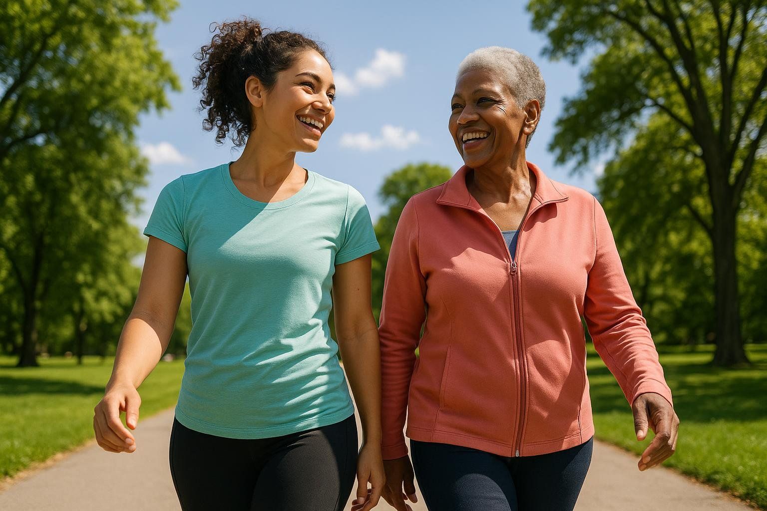 An older woman and a younger woman walking together, discussing health.