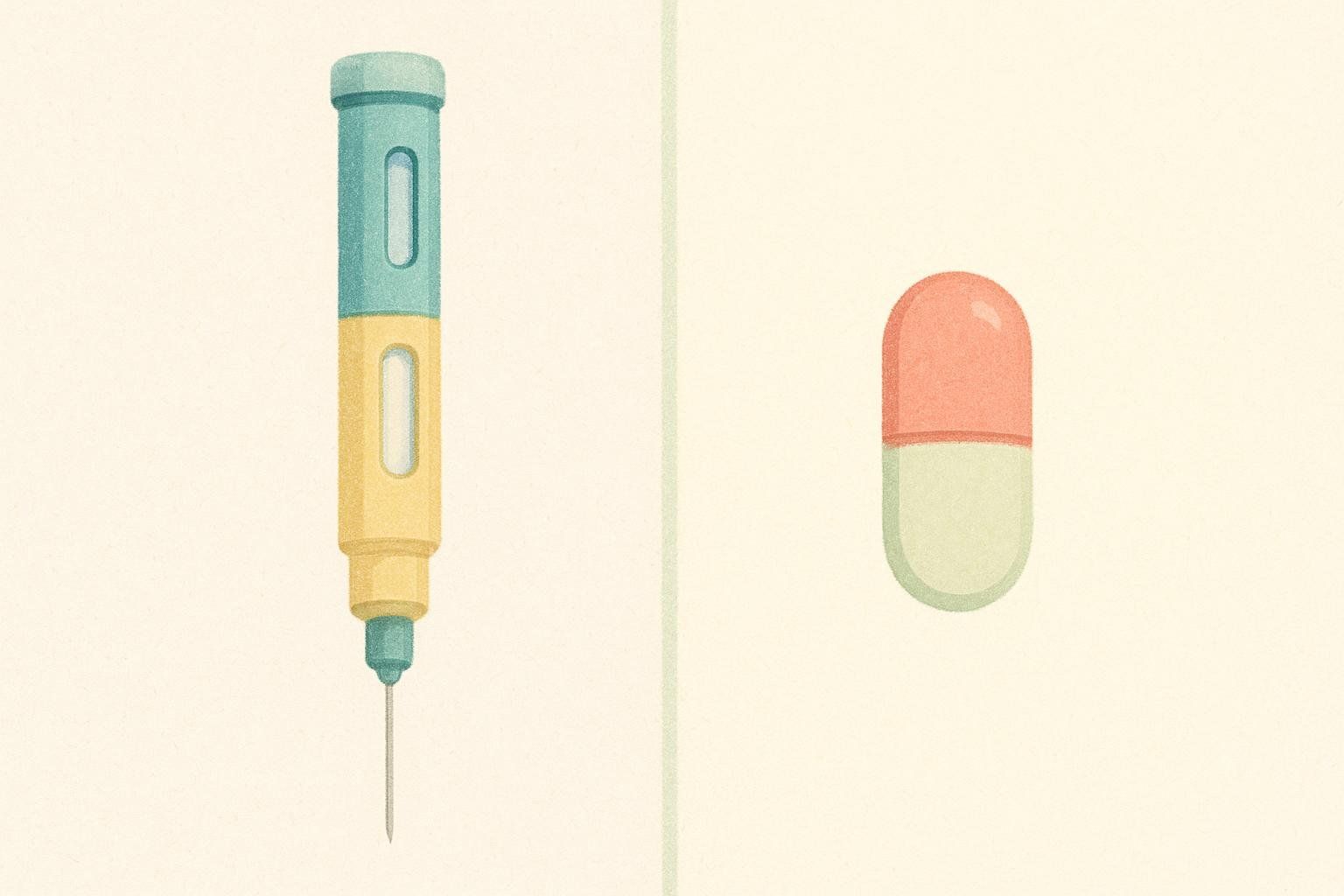 An illustration showing a blue and yellow injection pen on the left and a red and cream-colored oral pill on the right, separated by a light green vertical line. The image highlights a comparison between two different forms of drug delivery.