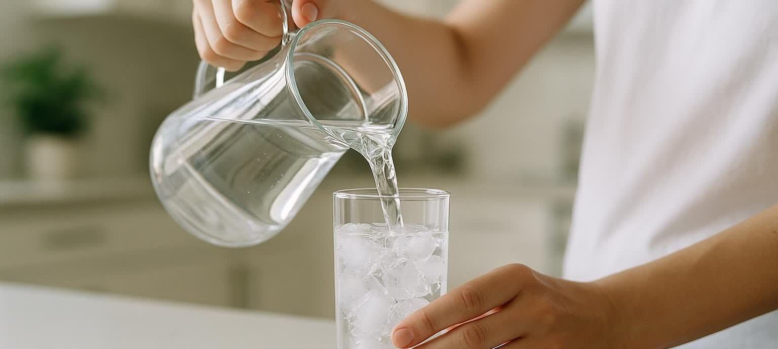 A close-up of a person's hands pouring water from a clear glass pitcher into a tall glass filled with ice cubes, in what appears to be a brightly lit kitchen setting.