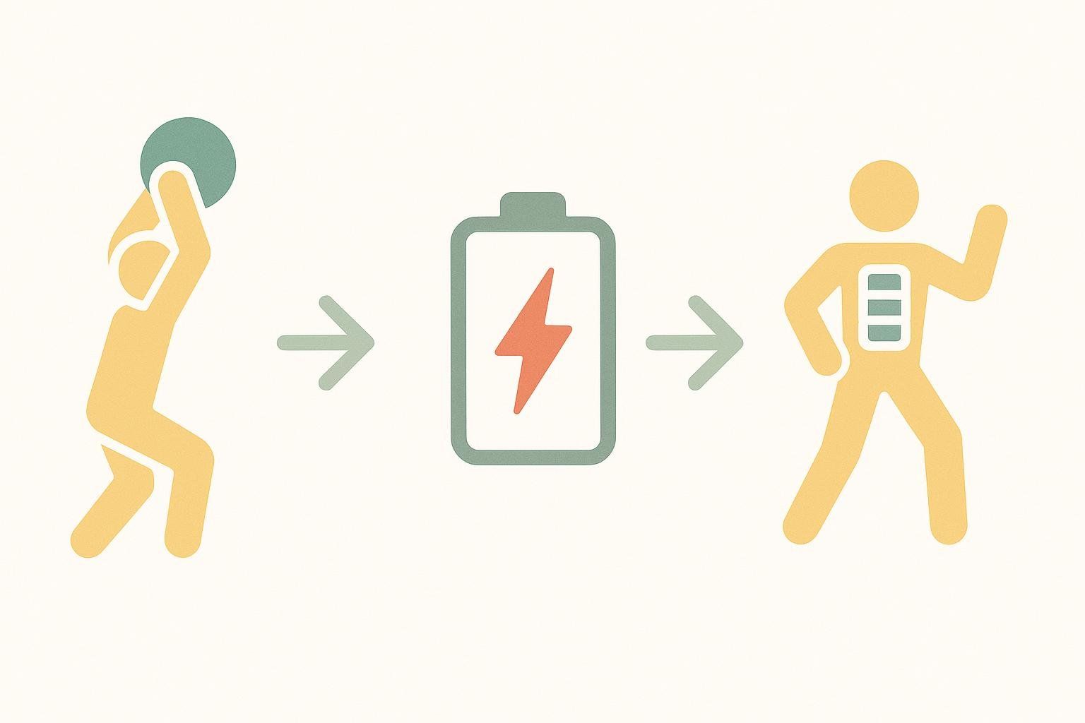 An infographic illustrating the recommended rest period between workouts. It shows an icon of an athlete exercising, followed by an arrow, then a battery icon charging, another arrow, and finally an athlete icon with a full battery symbol on their torso, ready for more activity.