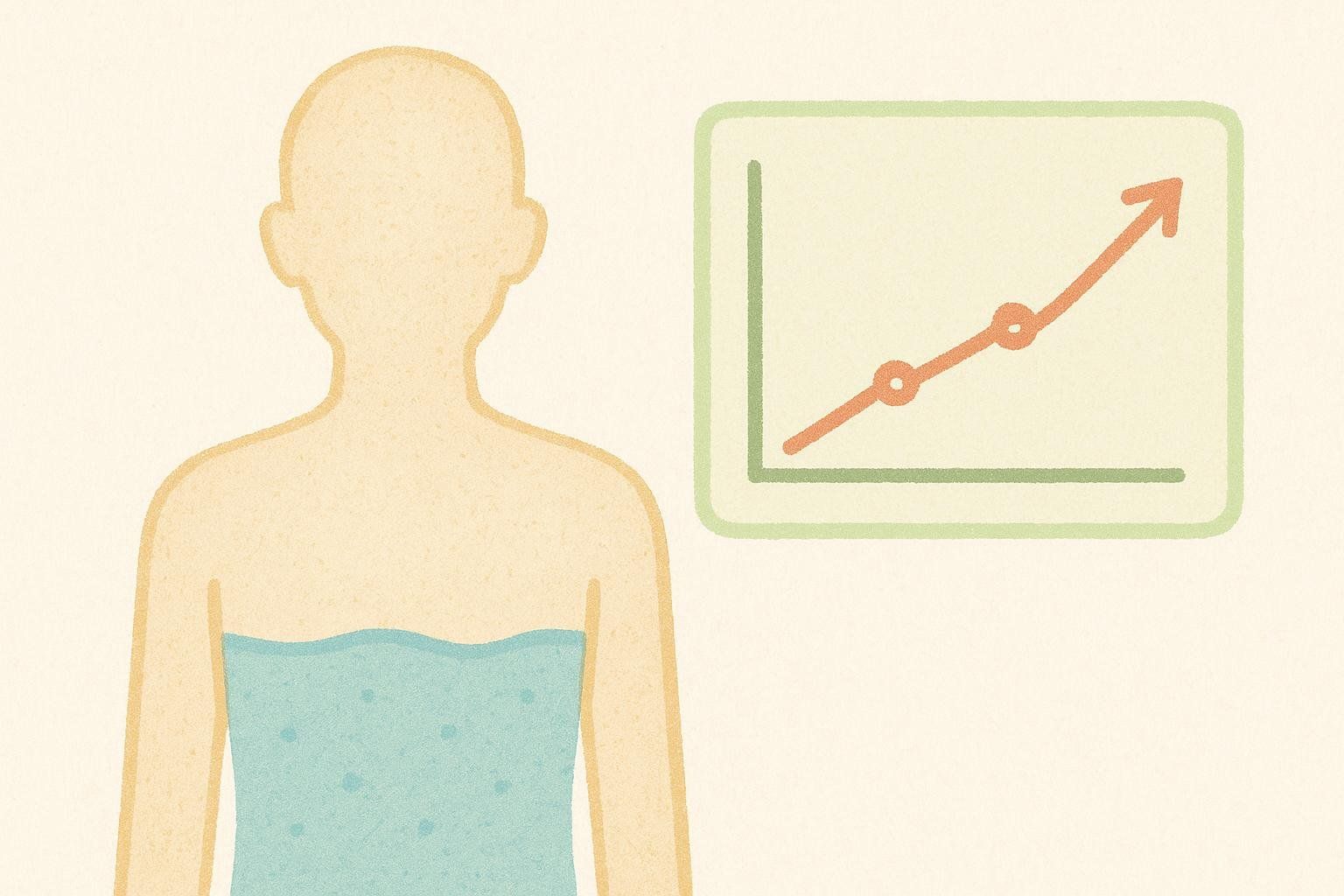 Illustration showing a human silhouette partially filled with water, next to a graph with an upward-trending line, symbolizing increasing hydration progress.